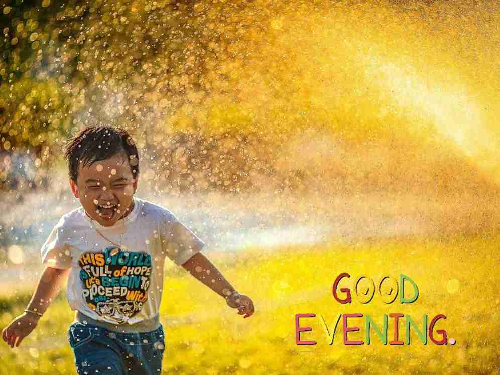 A boy joyfully running in the rain with the words "good evening" - perfect for sharing with friends.