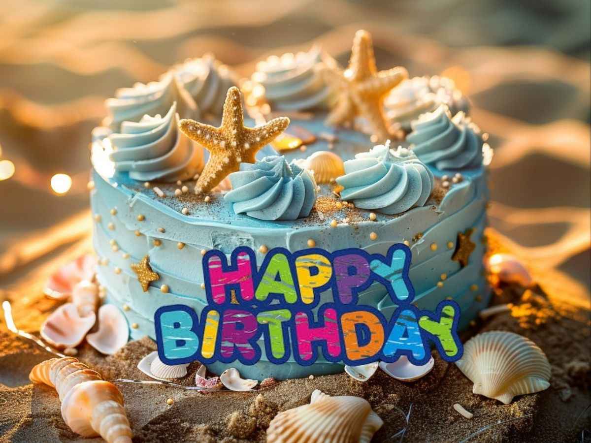 A joyful birthday cake embellished with seashells, showcasing barbie edible images for a special celebration.