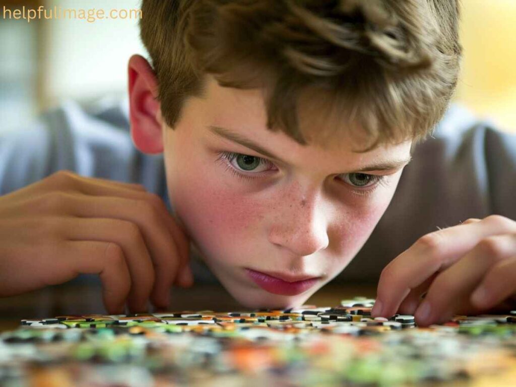 A young boy intently examines a puzzle piece, showcasing curiosity and concentration in a vibrant setting.