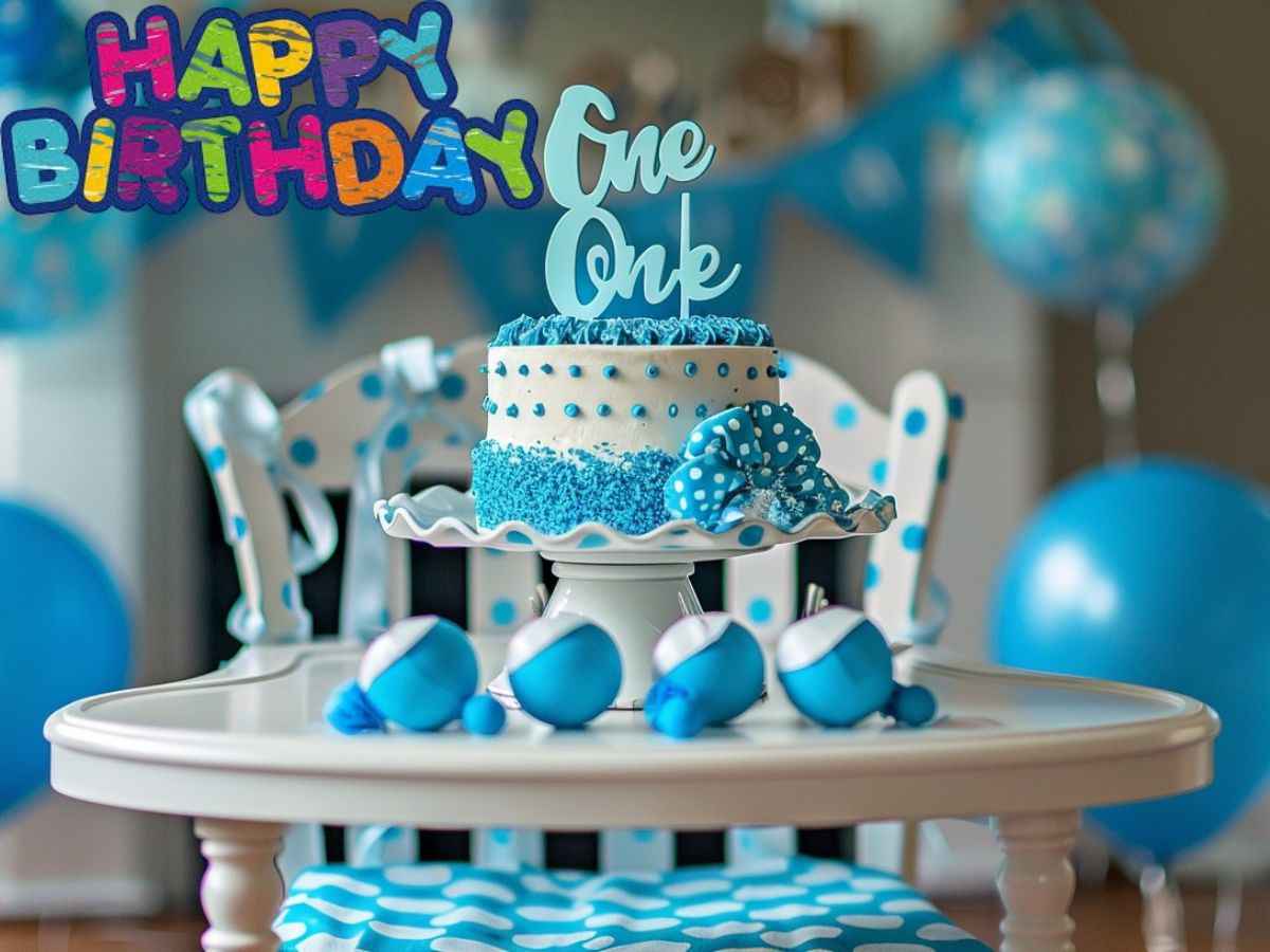 A blue birthday cake adorned with a one o'clock sign, featuring a vibrant and edible design.