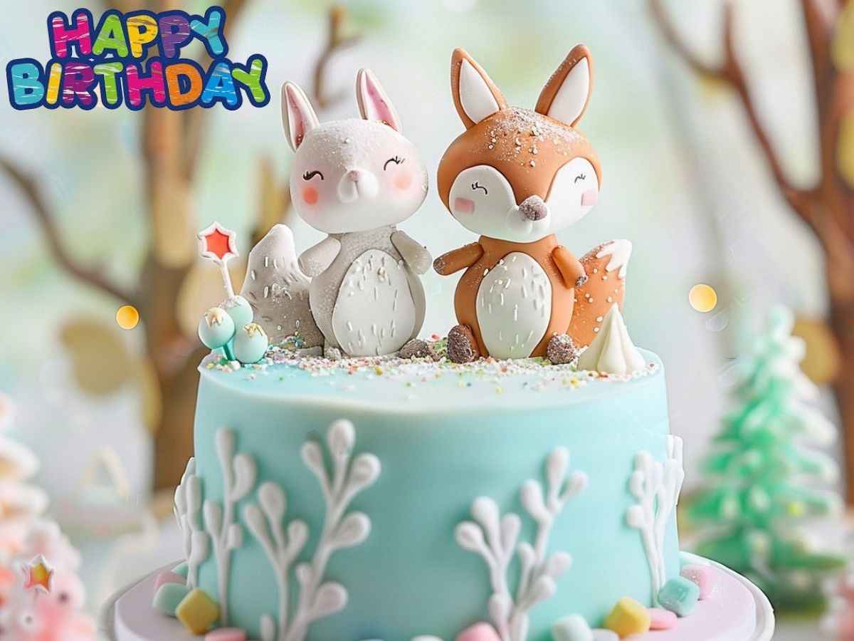 A whimsical cake featuring two adorable animal figurines perched on top, adding charm to the delightful dessert.