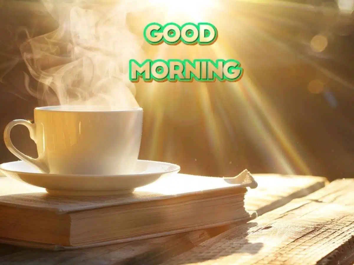 A serene morning scene with uplifting text, "good morning and god bless," radiating positivity and warmth.