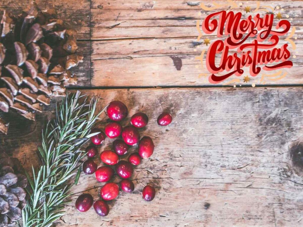 A festive arrangement of christmas pine cones and berries displayed on a rustic wooden background, evoking holiday cheer.