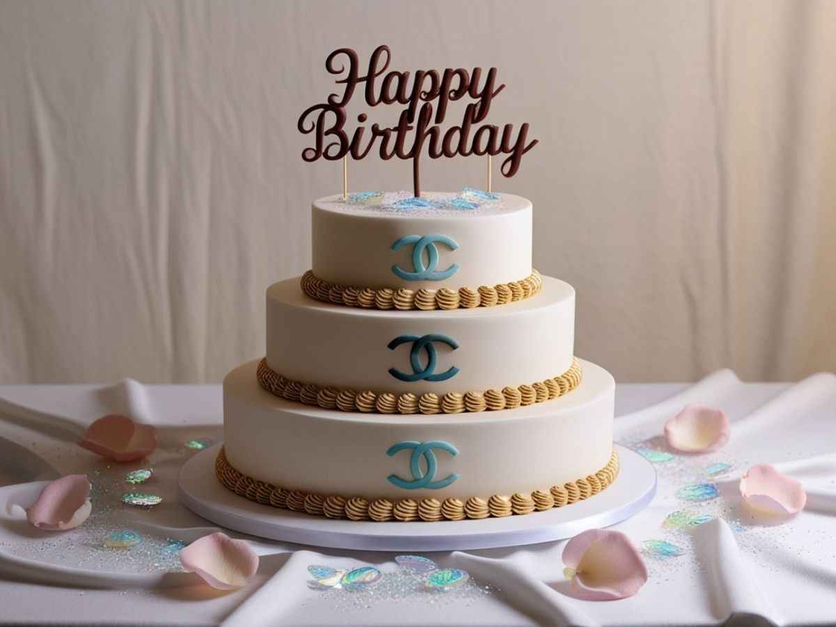 A charming birthday cake embellished with candles and the words "happy birthday" in a stylish font.