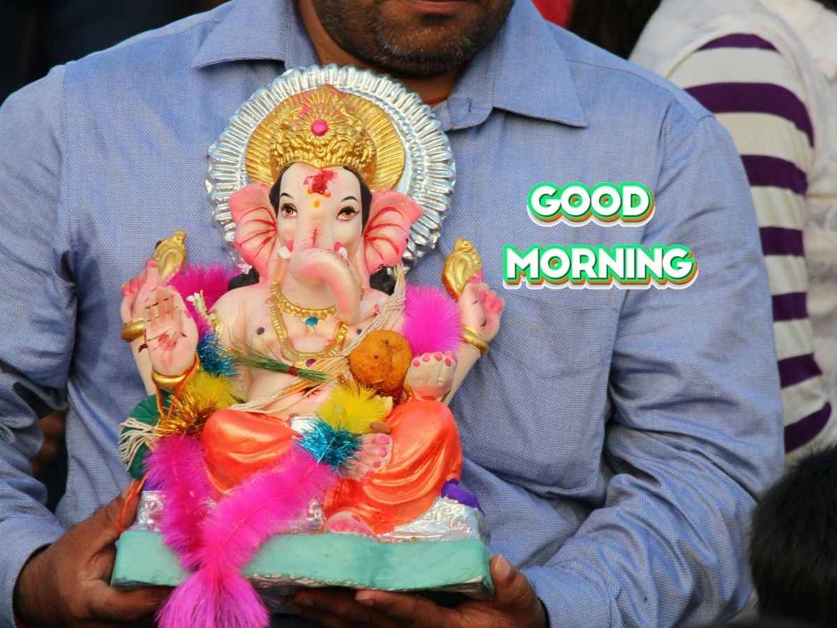 Ganesh idol with a morning greeting, symbolizing blessings and positivity for the day ahead. krishna good morning wishes