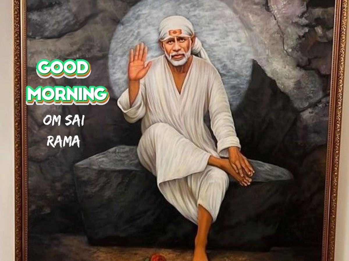 Good Morning Om Sai Ram image featuring a serene HD wallpaper with spiritual motifs and calming colors.