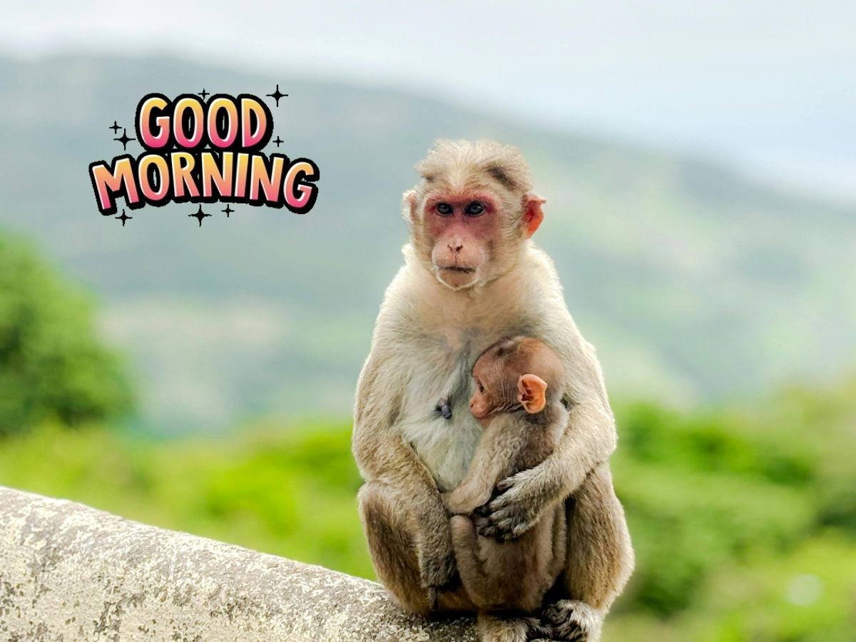 A cheerful monkey greeting the day with a bright smile, surrounded by a sunny morning backdrop.